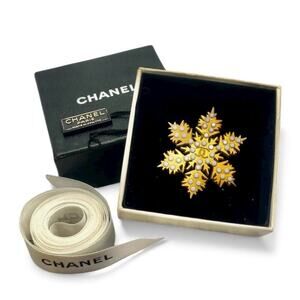 Chanel Coco Snowflake Signed Brooch W/Box, Ribbon